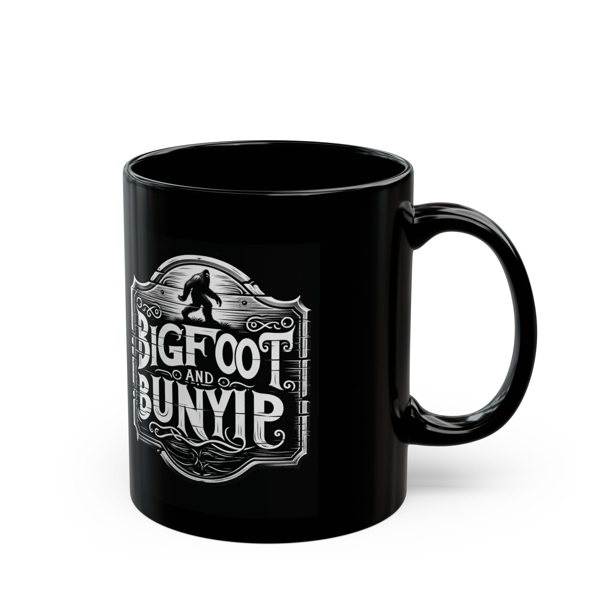 Bigfoot and Bunyip Black Coffee Mug — Novelty Cryptid Design (11oz/15oz)