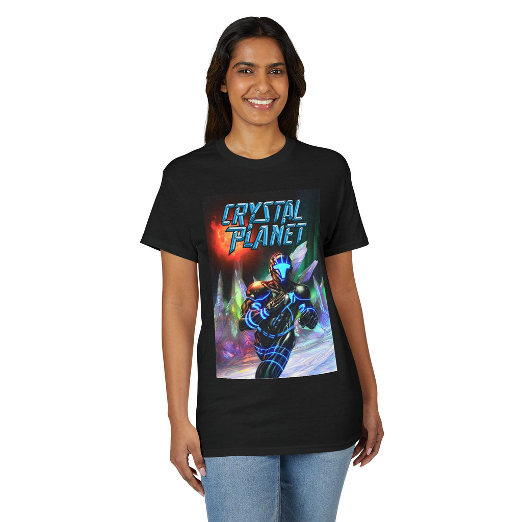 Crystal Planet Retro Sci‑Fi T‑Shirt — Neon Space Warrior Graphic Tee