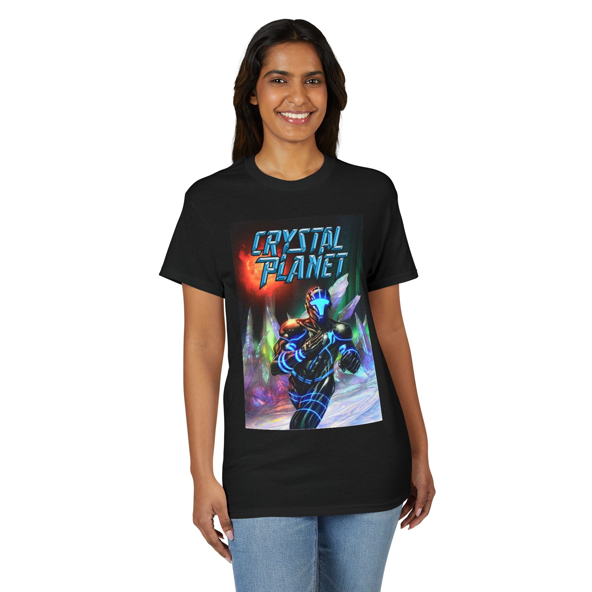 Crystal Planet Retro Sci‑Fi T‑Shirt — Neon Space Warrior Graphic Tee