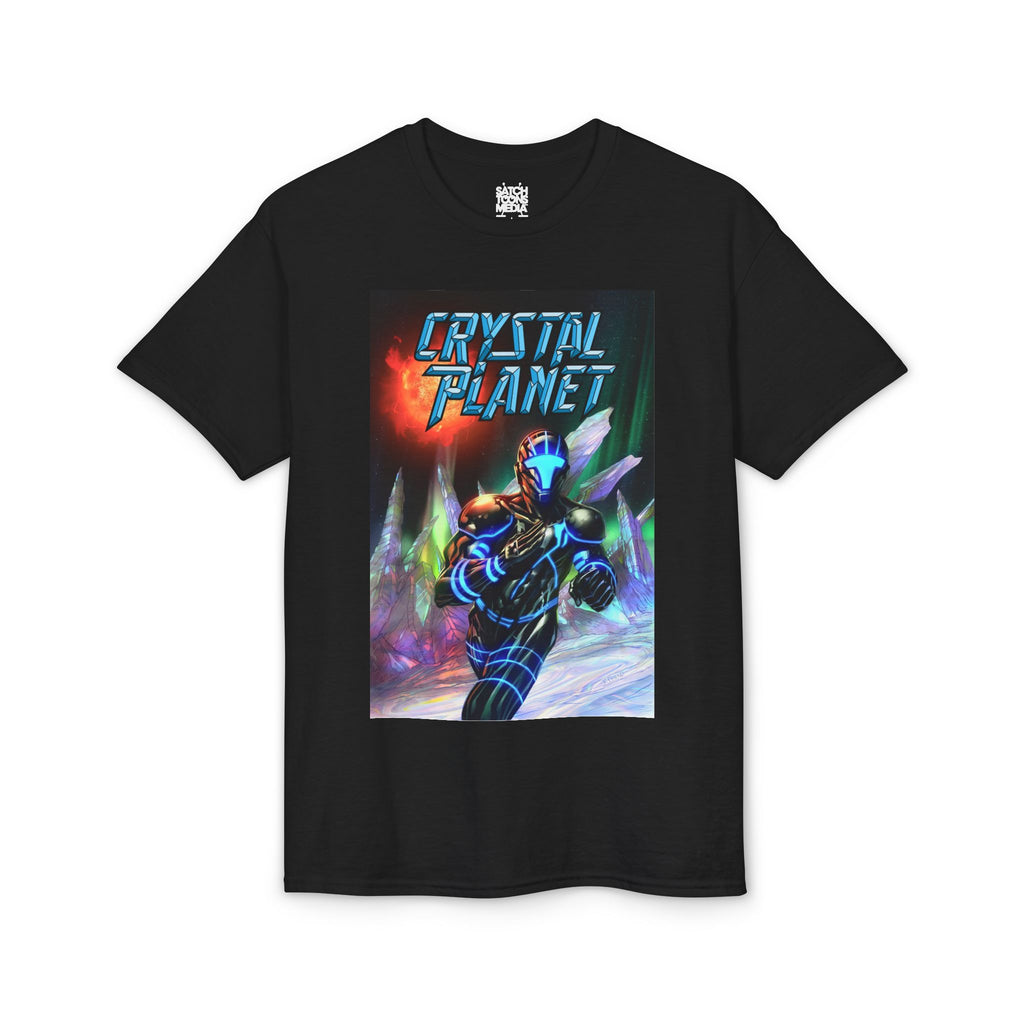 Crystal Planet Retro Sci‑Fi T‑Shirt — Neon Space Warrior Graphic Tee