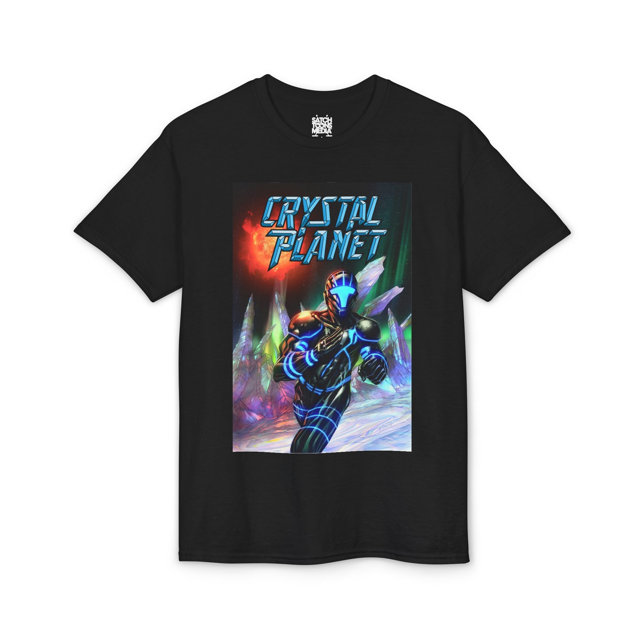 Crystal Planet Retro Sci‑Fi T‑Shirt — Neon Space Warrior Graphic Tee