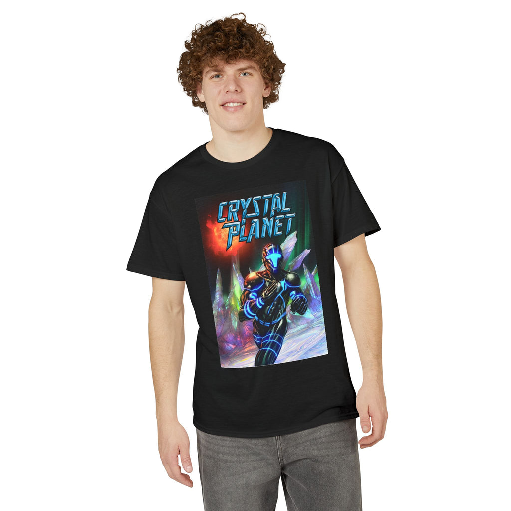 Crystal Planet Retro Sci‑Fi T‑Shirt — Neon Space Warrior Graphic Tee