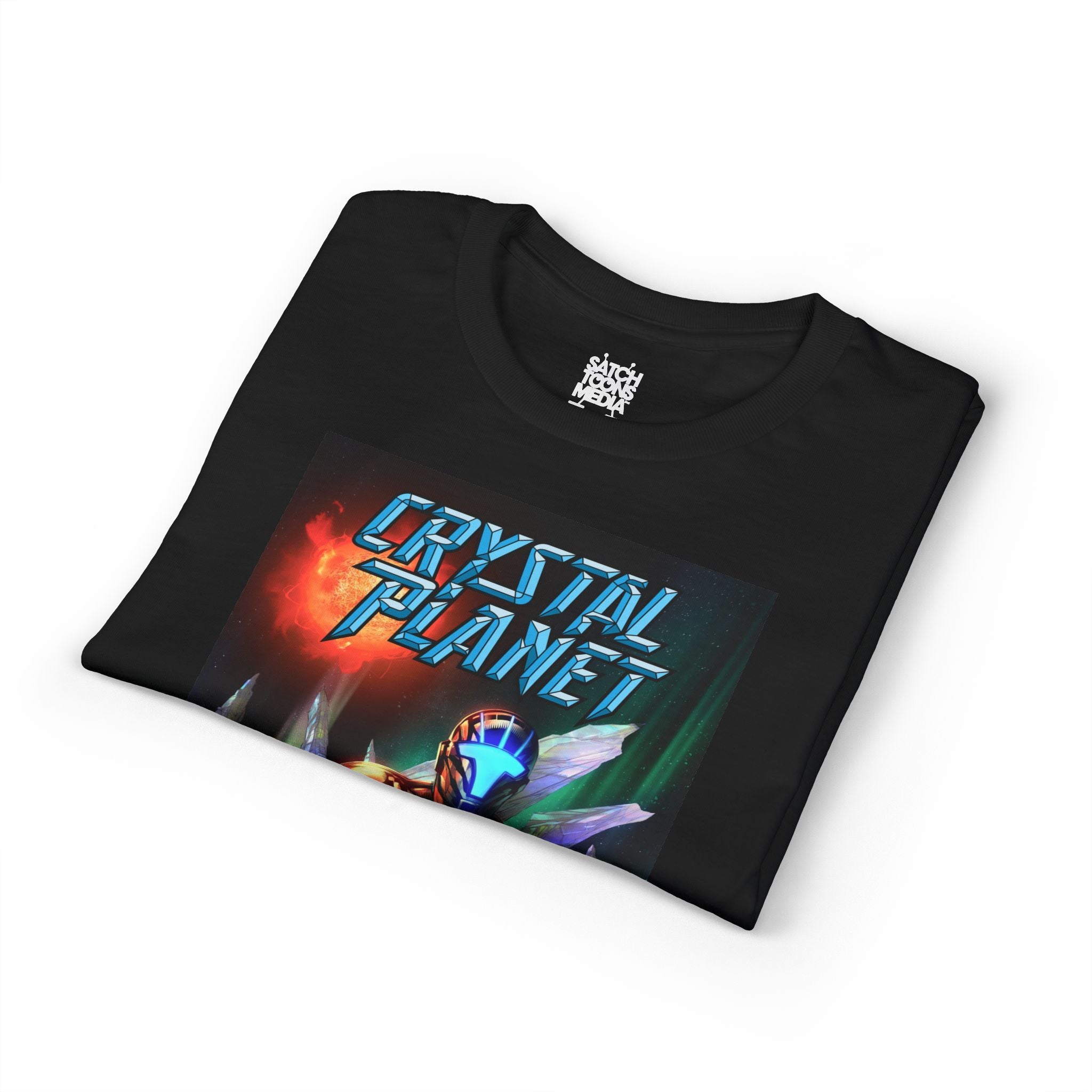 Crystal Planet Retro Sci‑Fi T‑Shirt — Neon Space Warrior Graphic Tee